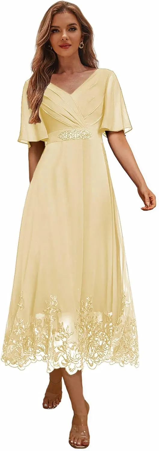 Tea Length Mother of The Bride Dresses for Wedding Lace Beaded Formal Evening Dress with Sleeves