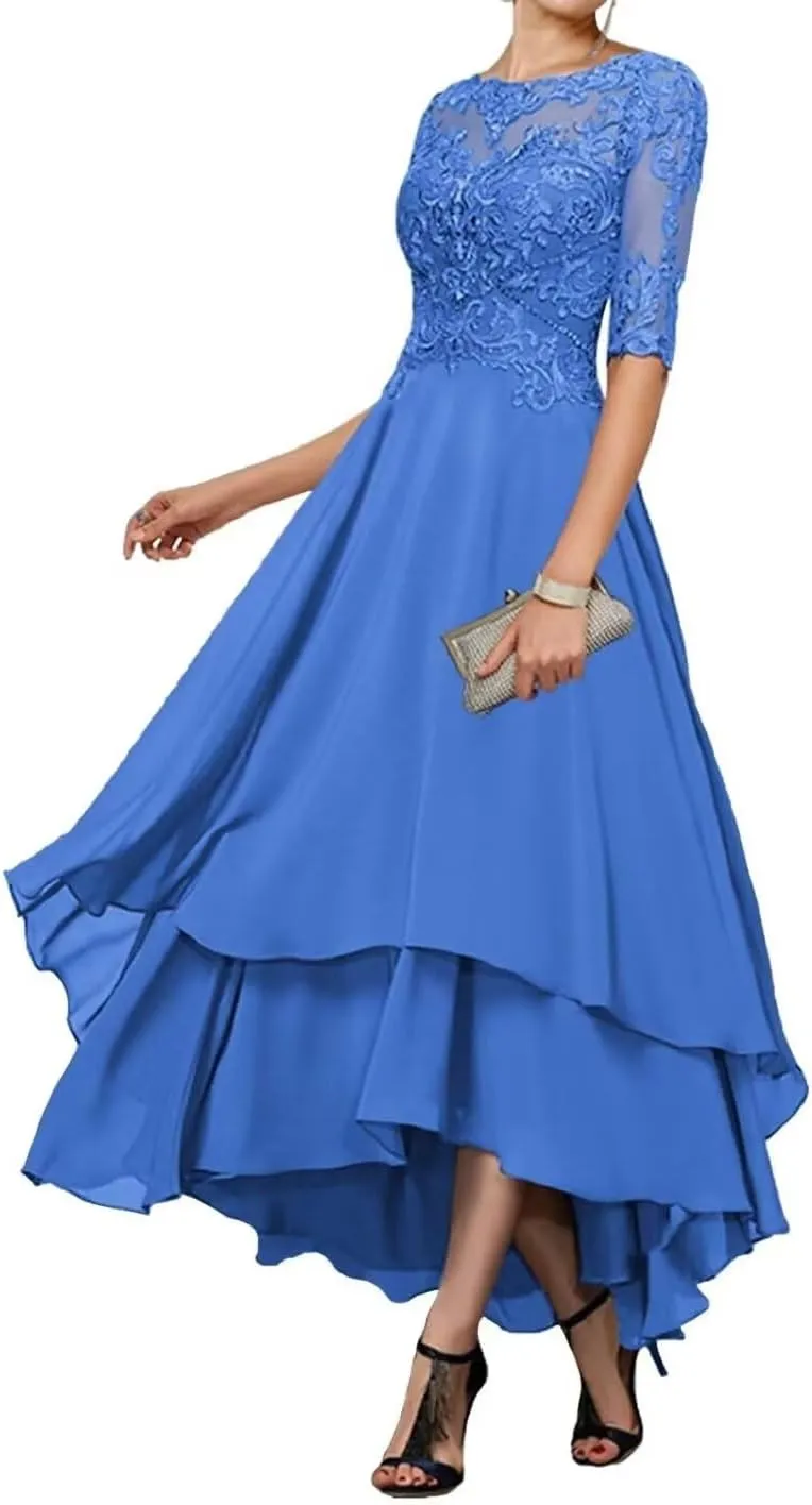 Tea Length Mother of The Bride Dresses for Wedding Lace Formal Dresses with Sleeves Evening Party Gown