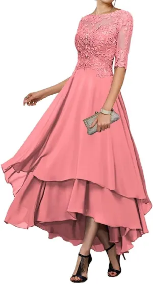 Tea Length Mother of The Bride Dresses for Wedding Lace Formal Dresses with Sleeves Evening Party Gown