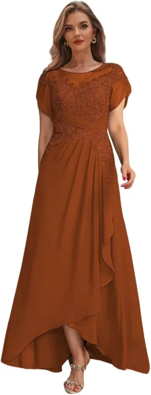 Tea Length Mother of The Bride Dresses with Sleeves High Low Lace Formal Dress for Women Wedding Guest