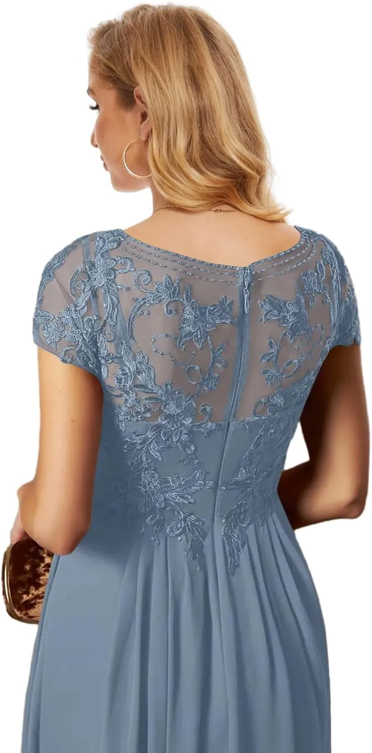 Tea Length Mother of The Bride Dresses with Sleeves Lace Formal Dress High Low Evening Gown for Wedding