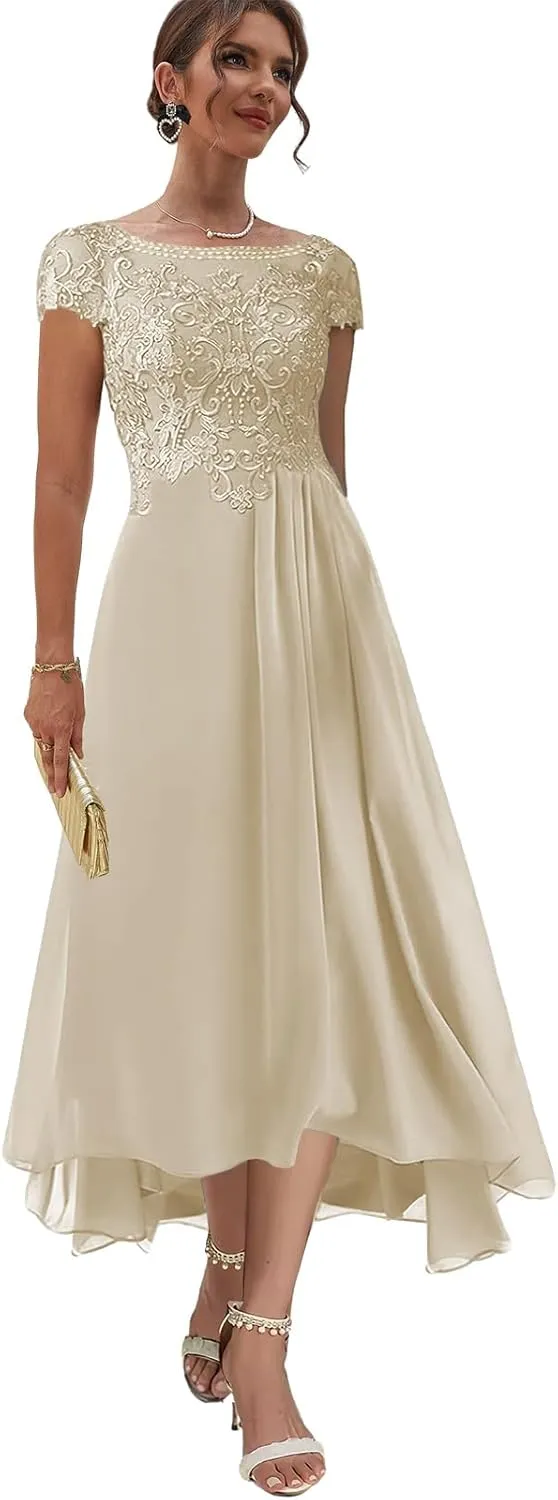 Tea Length Mother of The Bride Dresses with Sleeves Lace Formal Dress High Low Evening Gown for Wedding