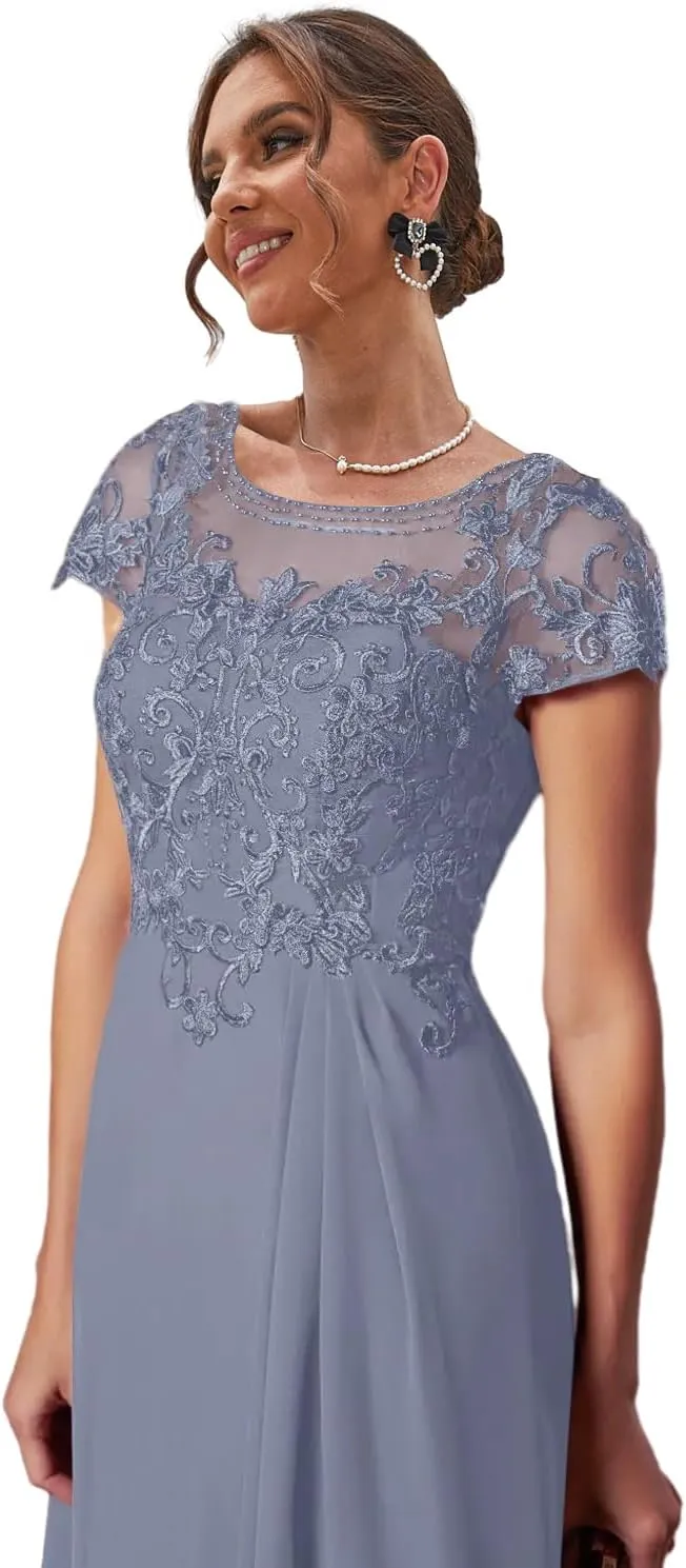 Tea Length Mother of The Bride Dresses with Sleeves Lace Formal Dress High Low Evening Gown for Wedding