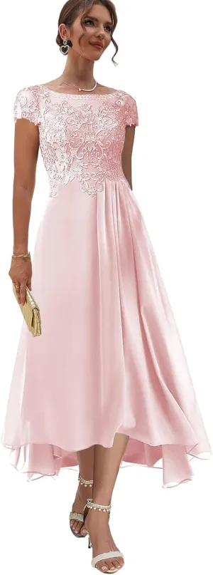 Tea Length Mother of The Bride Dresses with Sleeves Lace Formal Dress High Low Evening Gown for Wedding