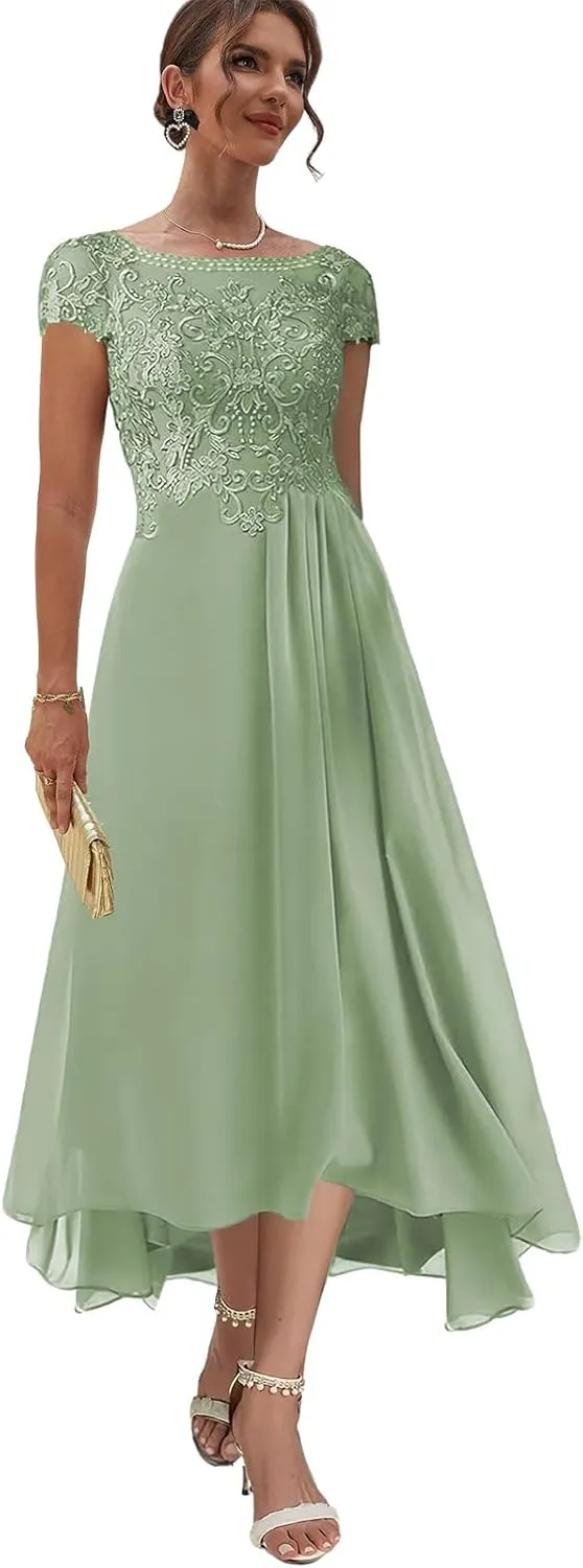 Tea Length Mother of The Bride Dresses with Sleeves Lace Formal Dress High Low Evening Gown for Wedding