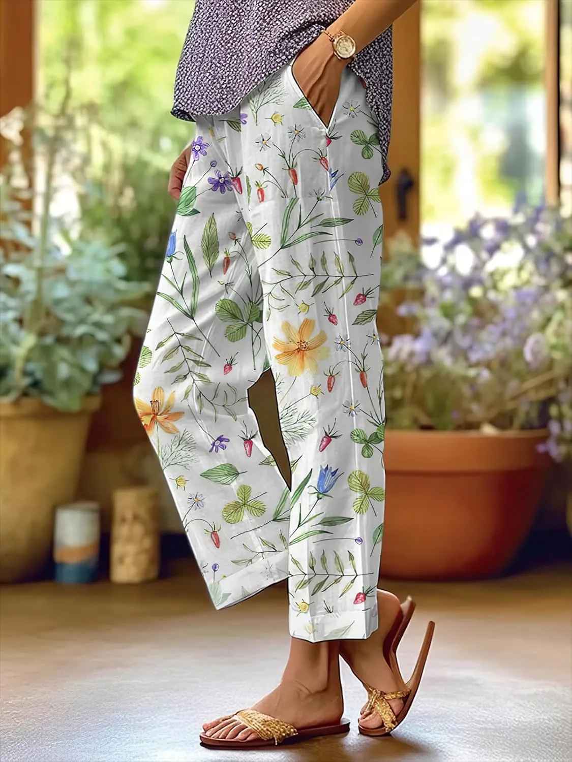 TIAFORD Womens Summer Boho Floral Print Linen Pants Drawstring Elastic Hight Waist Casual Loose Trousers with 4 Pockets