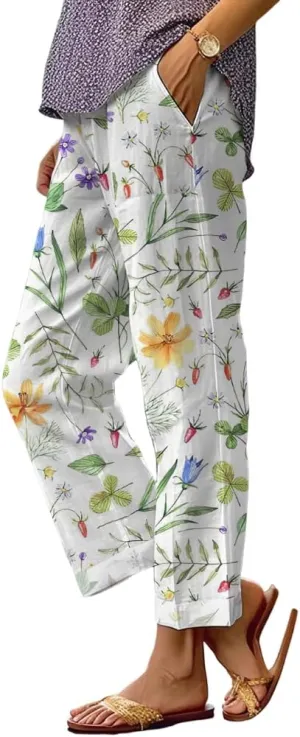 TIAFORD Womens Summer Boho Floral Print Linen Pants Drawstring Elastic Hight Waist Casual Loose Trousers with 4 Pockets