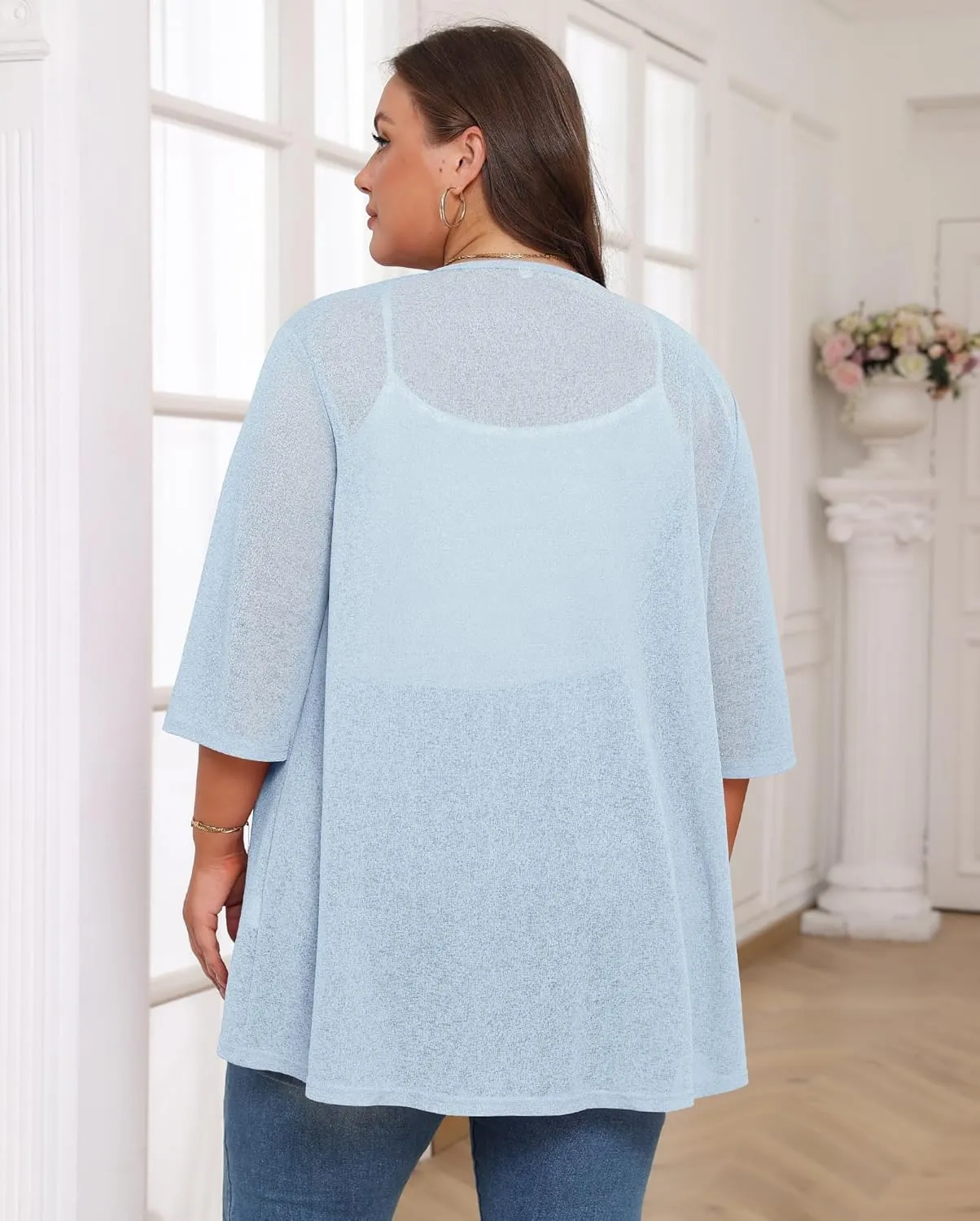 TIANZHU Women's Summer Plus Size Cardigan 3/4 Sleeve Blazer Knit Lightweight Cover Up XL-4XL