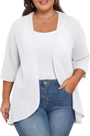 TIANZHU Women's Summer Plus Size Cardigan 3/4 Sleeve Blazer Knit Lightweight Cover Up XL-4XL