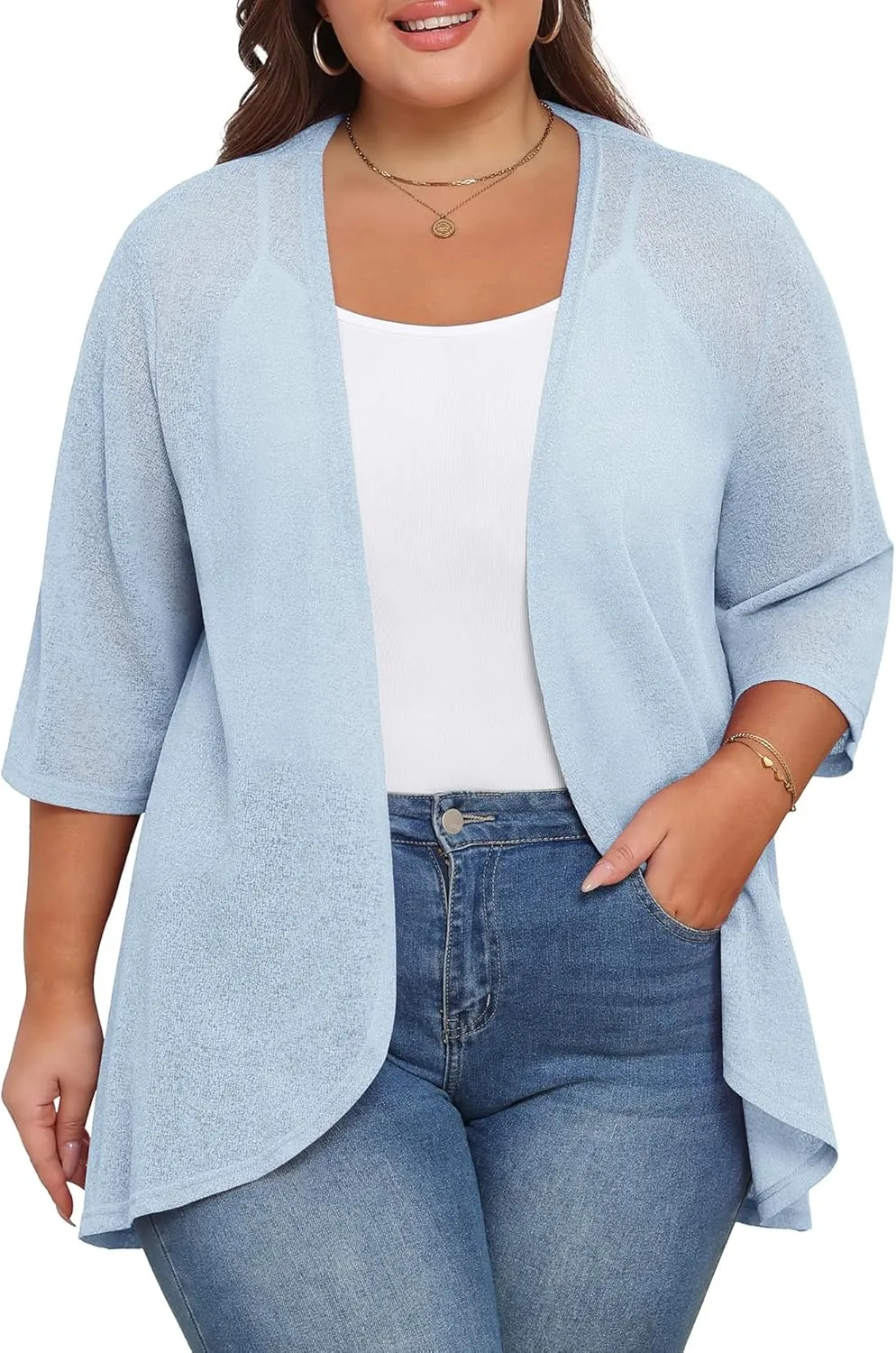 TIANZHU Women's Summer Plus Size Cardigan 3/4 Sleeve Blazer Knit Lightweight Cover Up XL-4XL