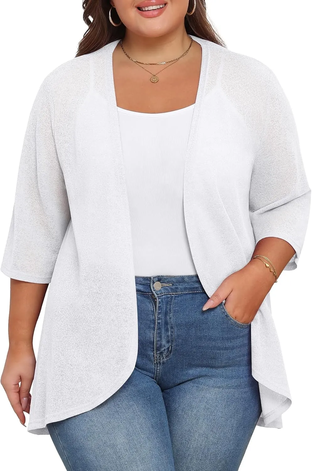 TIANZHU Women's Summer Plus Size Cardigan 3/4 Sleeve Blazer Knit Lightweight Cover Up XL-4XL