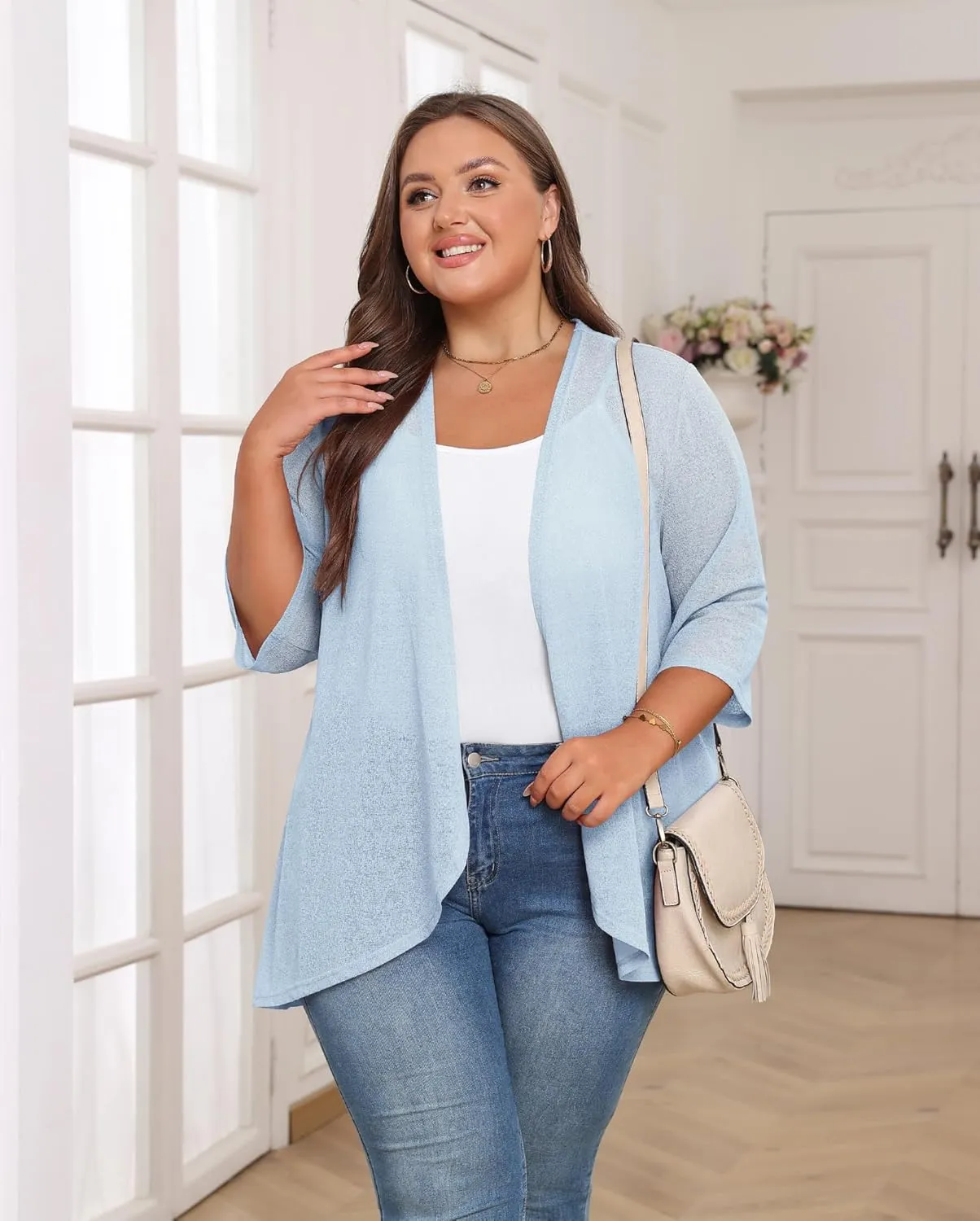 TIANZHU Women's Summer Plus Size Cardigan 3/4 Sleeve Blazer Knit Lightweight Cover Up XL-4XL