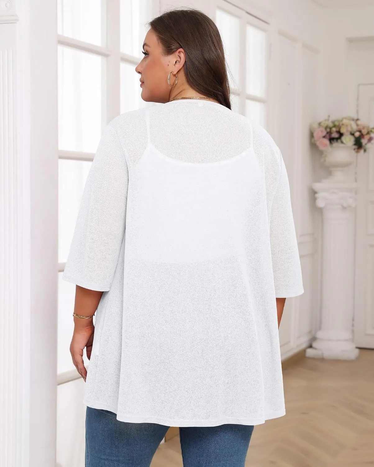 TIANZHU Women's Summer Plus Size Cardigan 3/4 Sleeve Blazer Knit Lightweight Cover Up XL-4XL