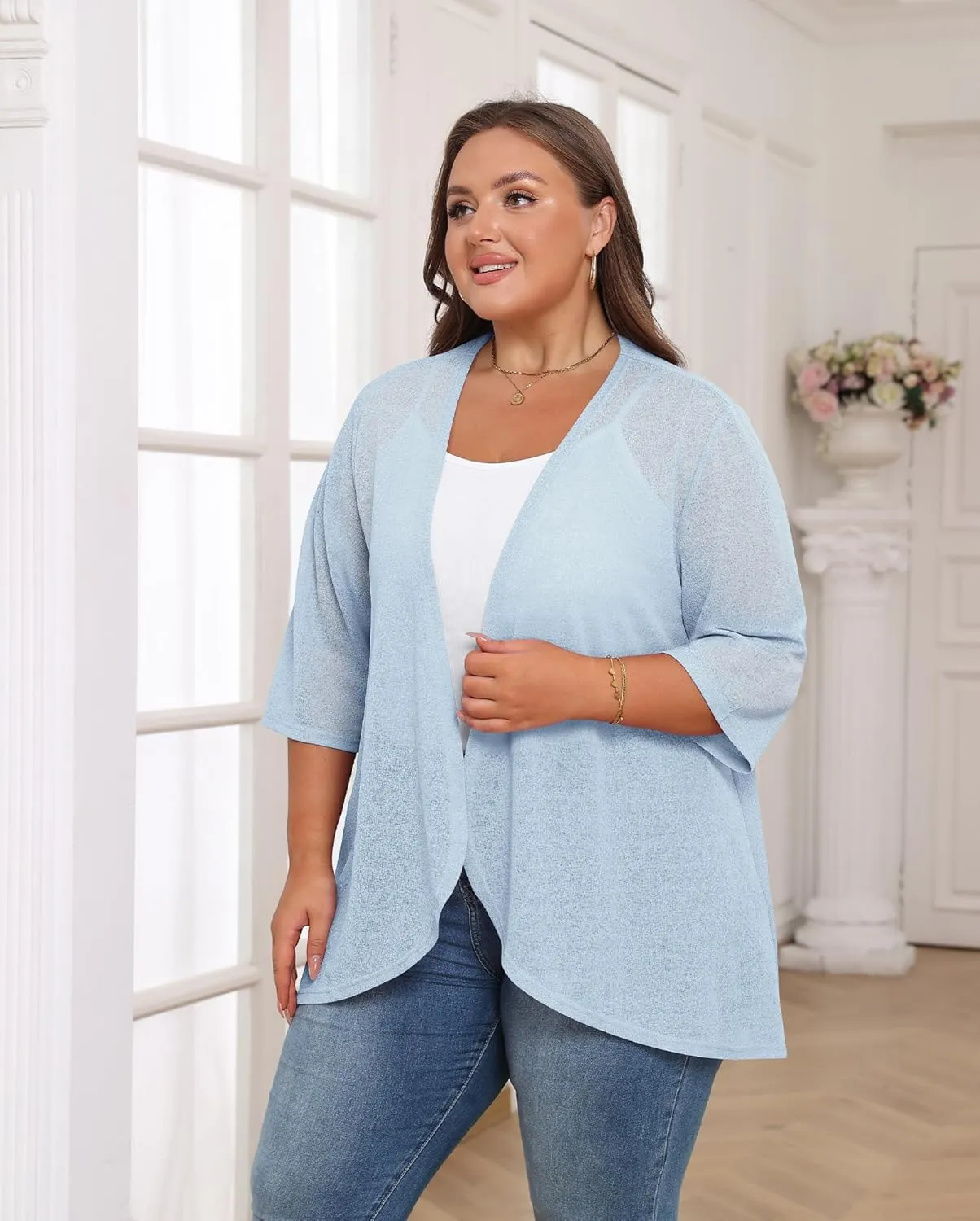 TIANZHU Women's Summer Plus Size Cardigan 3/4 Sleeve Blazer Knit Lightweight Cover Up XL-4XL