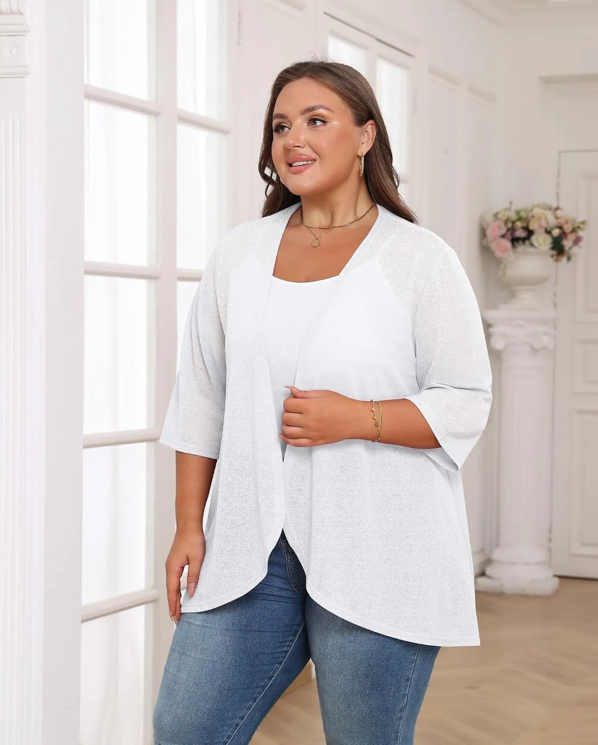 TIANZHU Women's Summer Plus Size Cardigan 3/4 Sleeve Blazer Knit Lightweight Cover Up XL-4XL