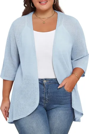 TIANZHU Women's Summer Plus Size Cardigan 3/4 Sleeve Blazer Knit Lightweight Cover Up XL-4XL