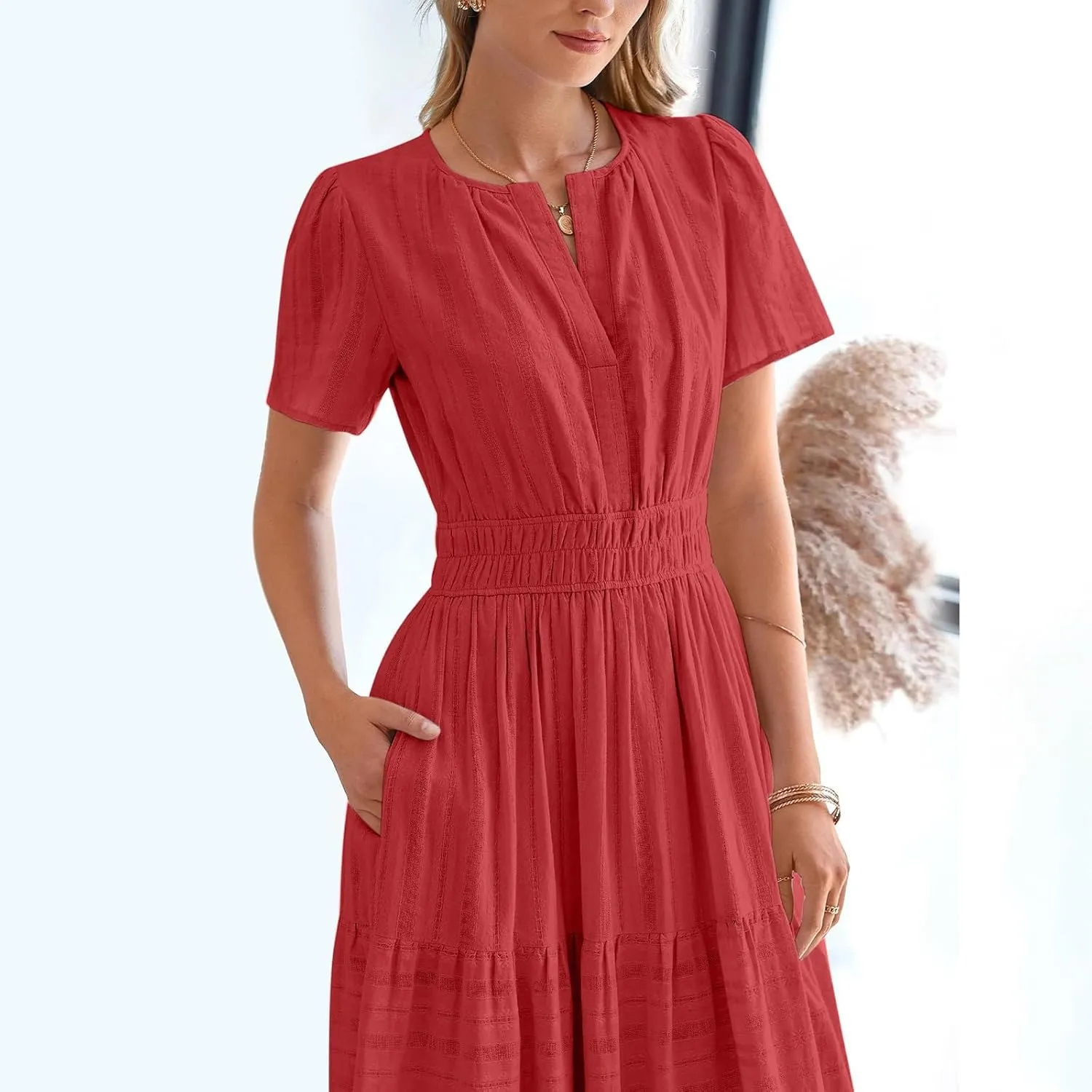 TieMaxi Dress for Women Short Sleeve V Neck Smocked Waist Summer Casual Beach Dress