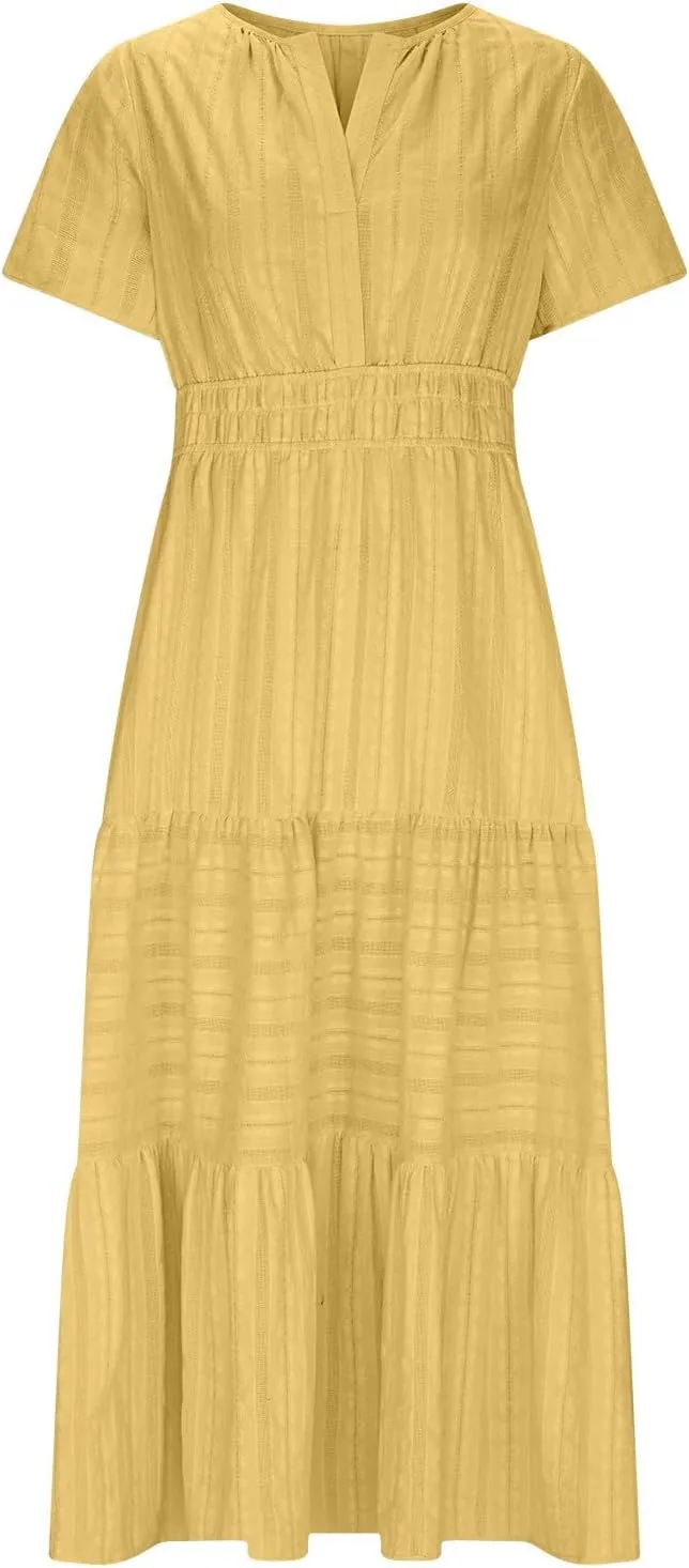 TieMaxi Dress for Women Short Sleeve V Neck Smocked Waist Summer Casual Beach Dress