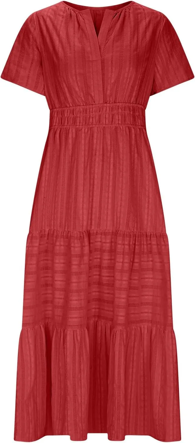 TieMaxi Dress for Women Short Sleeve V Neck Smocked Waist Summer Casual Beach Dress
