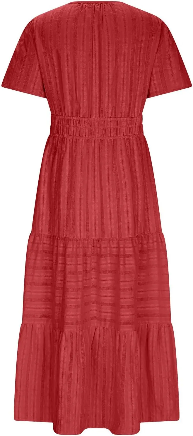 TieMaxi Dress for Women Short Sleeve V Neck Smocked Waist Summer Casual Beach Dress