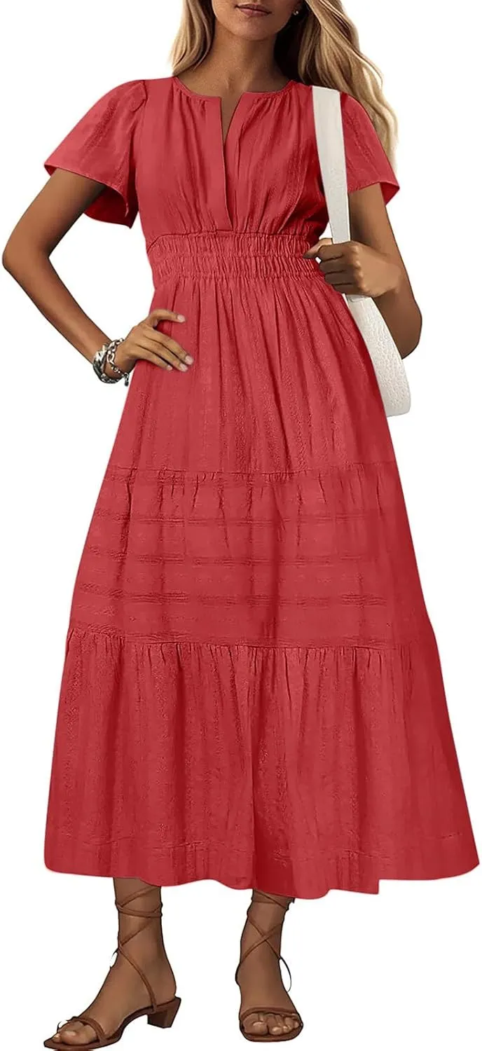TieMaxi Dress for Women Short Sleeve V Neck Smocked Waist Summer Casual Beach Dress