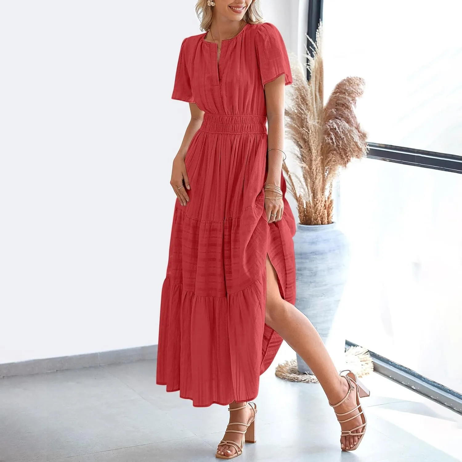 TieMaxi Dress for Women Short Sleeve V Neck Smocked Waist Summer Casual Beach Dress