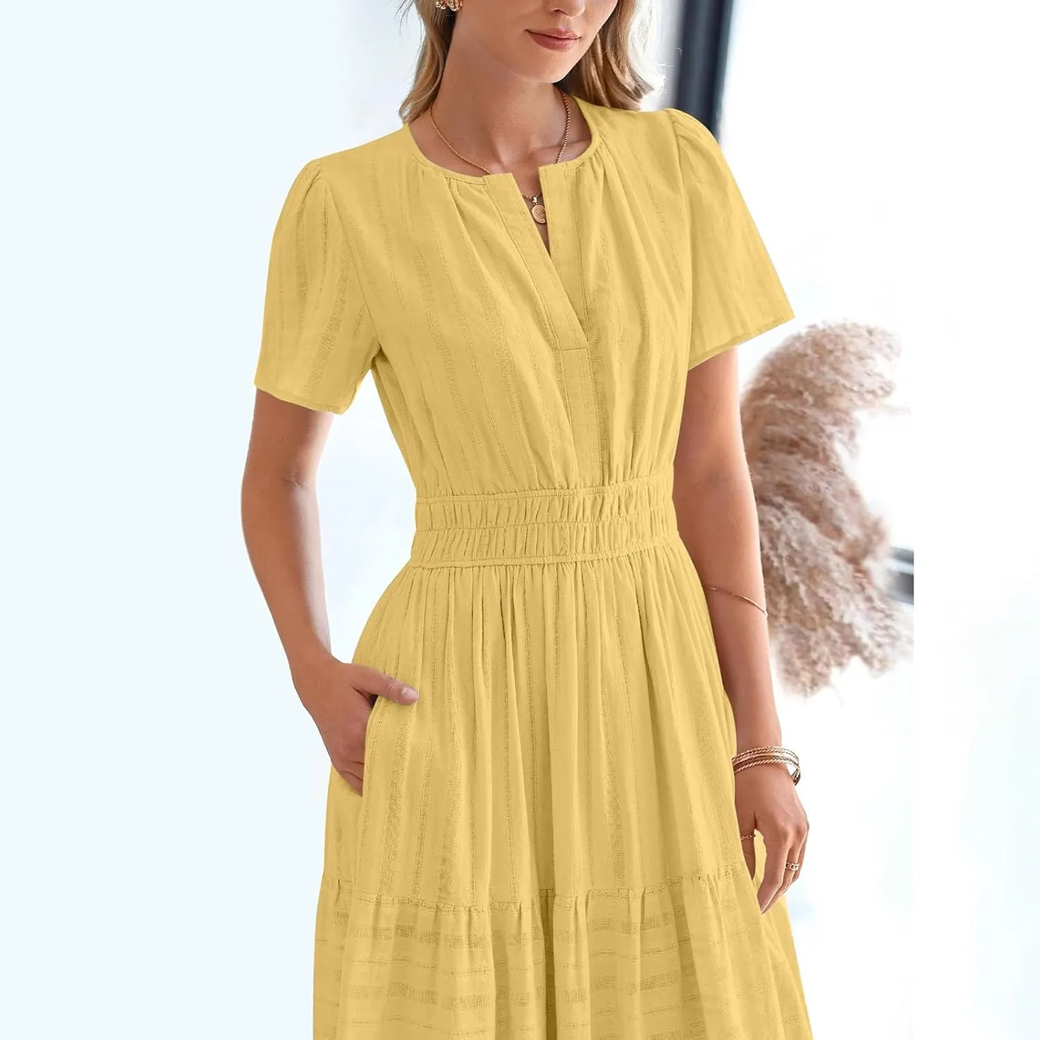 TieMaxi Dress for Women Short Sleeve V Neck Smocked Waist Summer Casual Beach Dress