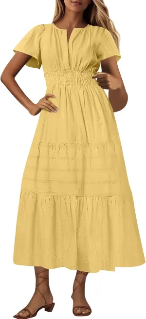 TieMaxi Dress for Women Short Sleeve V Neck Smocked Waist Summer Casual Beach Dress
