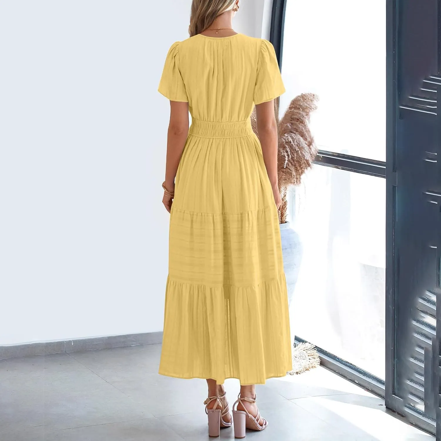 TieMaxi Dress for Women Short Sleeve V Neck Smocked Waist Summer Casual Beach Dress