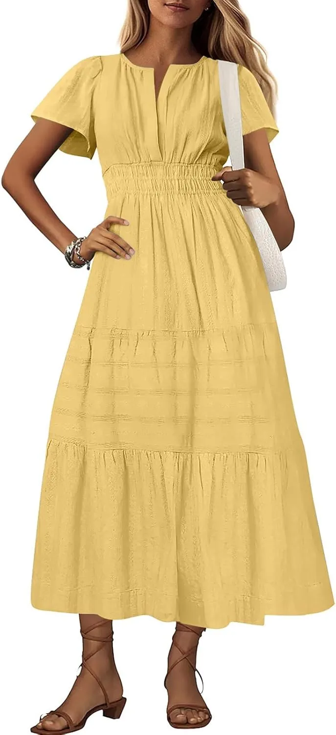 TieMaxi Dress for Women Short Sleeve V Neck Smocked Waist Summer Casual Beach Dress
