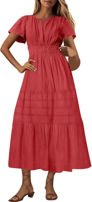 TieMaxi Dress for Women Short Sleeve V Neck Smocked Waist Summer Casual Beach Dress