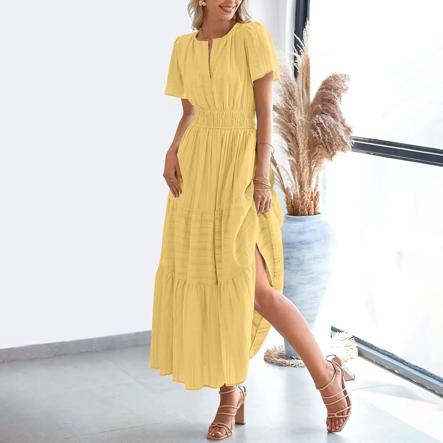 TieMaxi Dress for Women Short Sleeve V Neck Smocked Waist Summer Casual Beach Dress