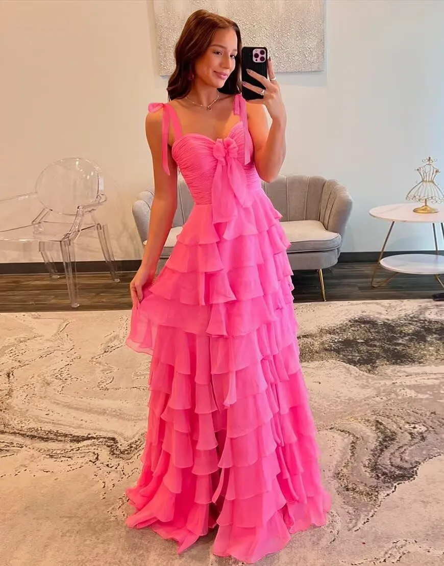 Tiered Prom Dresses with Bow Spaghetti Straps Long Layered Slit Chiffon Ball Gowns for Women 2025