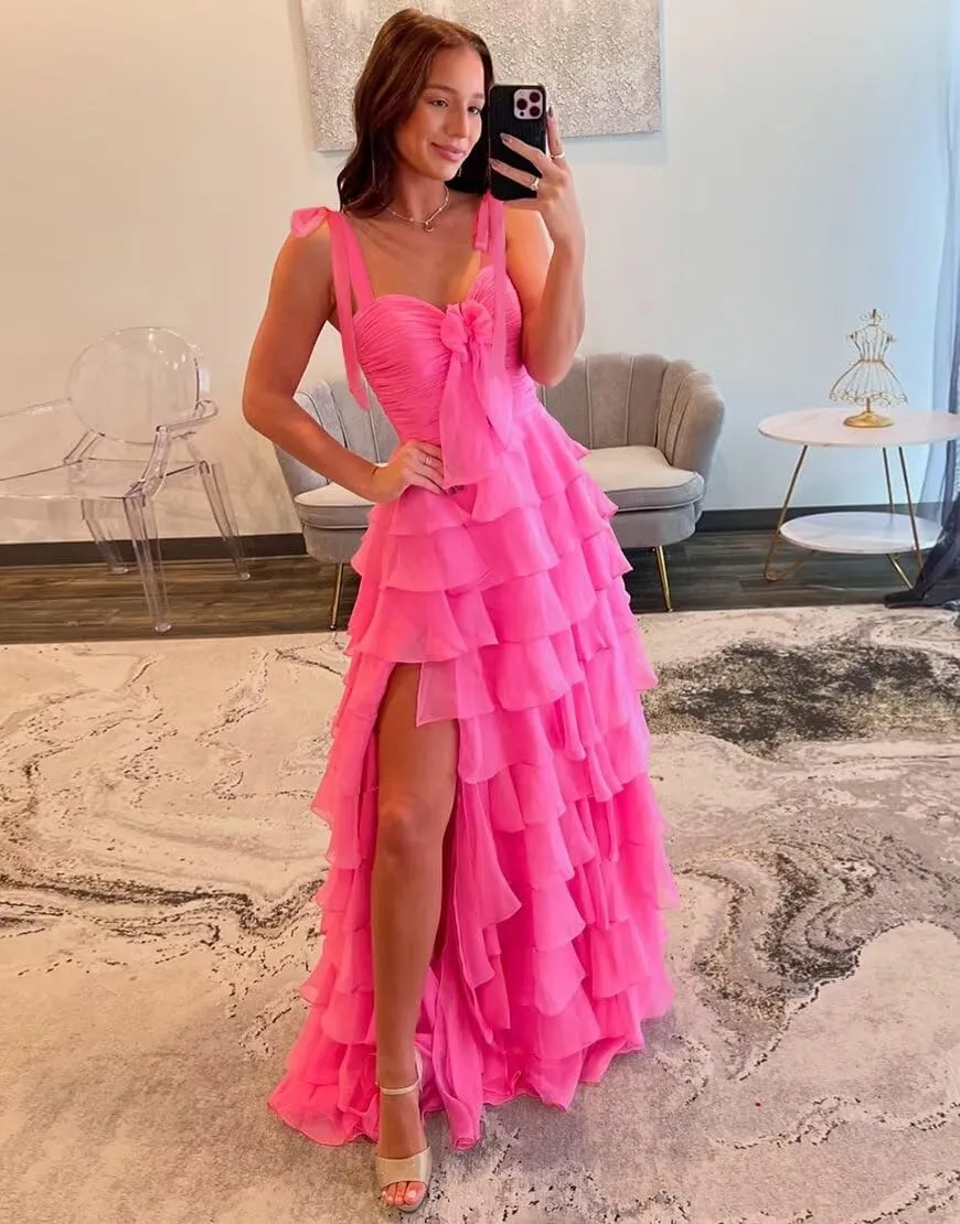 Tiered Prom Dresses with Bow Spaghetti Straps Long Layered Slit Chiffon Ball Gowns for Women 2025
