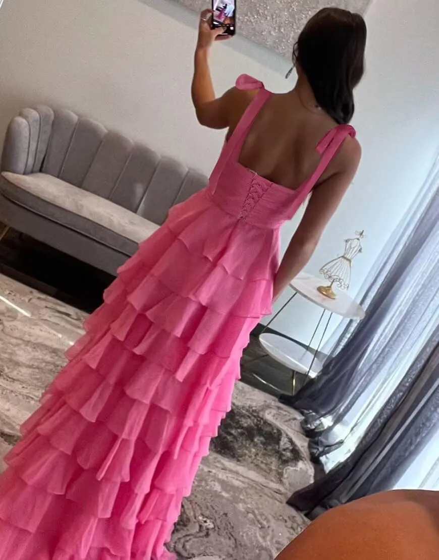 Tiered Prom Dresses with Bow Spaghetti Straps Long Layered Slit Chiffon Ball Gowns for Women 2025