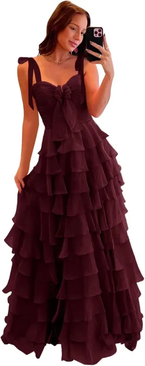 Tiered Prom Dresses with Bow Spaghetti Straps Long Layered Slit Chiffon Ball Gowns for Women 2025