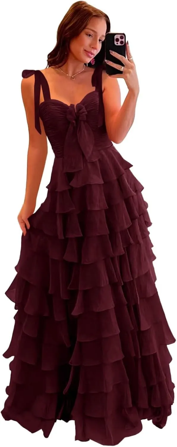 Tiered Prom Dresses with Bow Spaghetti Straps Long Layered Slit Chiffon Ball Gowns for Women 2025
