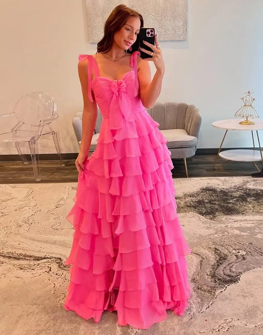 Tiered Prom Dresses with Bow Spaghetti Straps Long Layered Slit Chiffon Ball Gowns for Women 2025