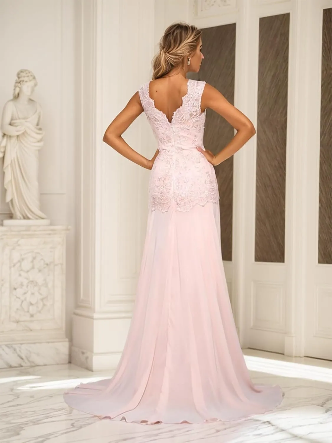 Trumpet/Mermaid Elegant Evening Gown Luxury Wedding Party Gown Chiffon Scoop Neck Sleeveless Sweep/Brush Train Appliques 2024