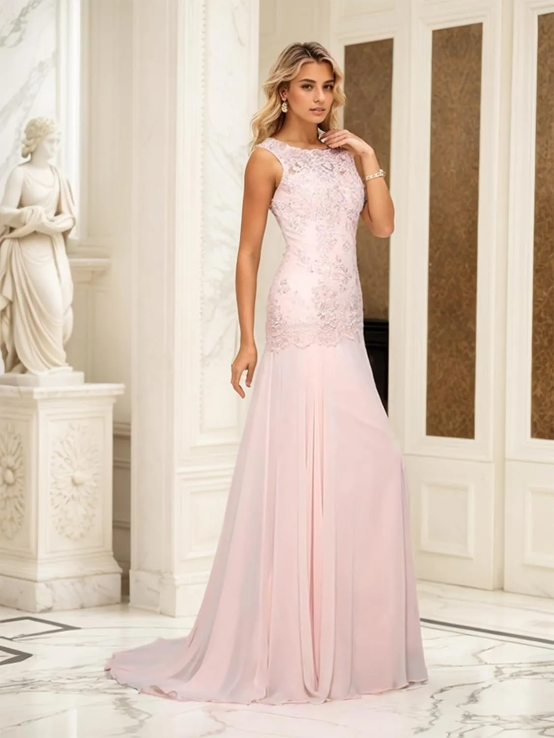 Trumpet/Mermaid Elegant Evening Gown Luxury Wedding Party Gown Chiffon Scoop Neck Sleeveless Sweep/Brush Train Appliques 2024