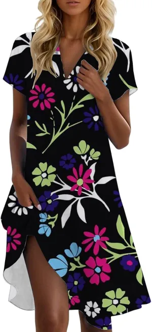 Tshirt Dresses for Women Summer Chic Boho Floral Patterned Dress Short Sleeve Lapel V Neck Flowy Resort Sundress