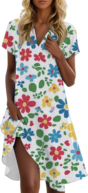 Tshirt Dresses for Women Summer Chic Boho Floral Patterned Dress Short Sleeve Lapel V Neck Flowy Resort Sundress