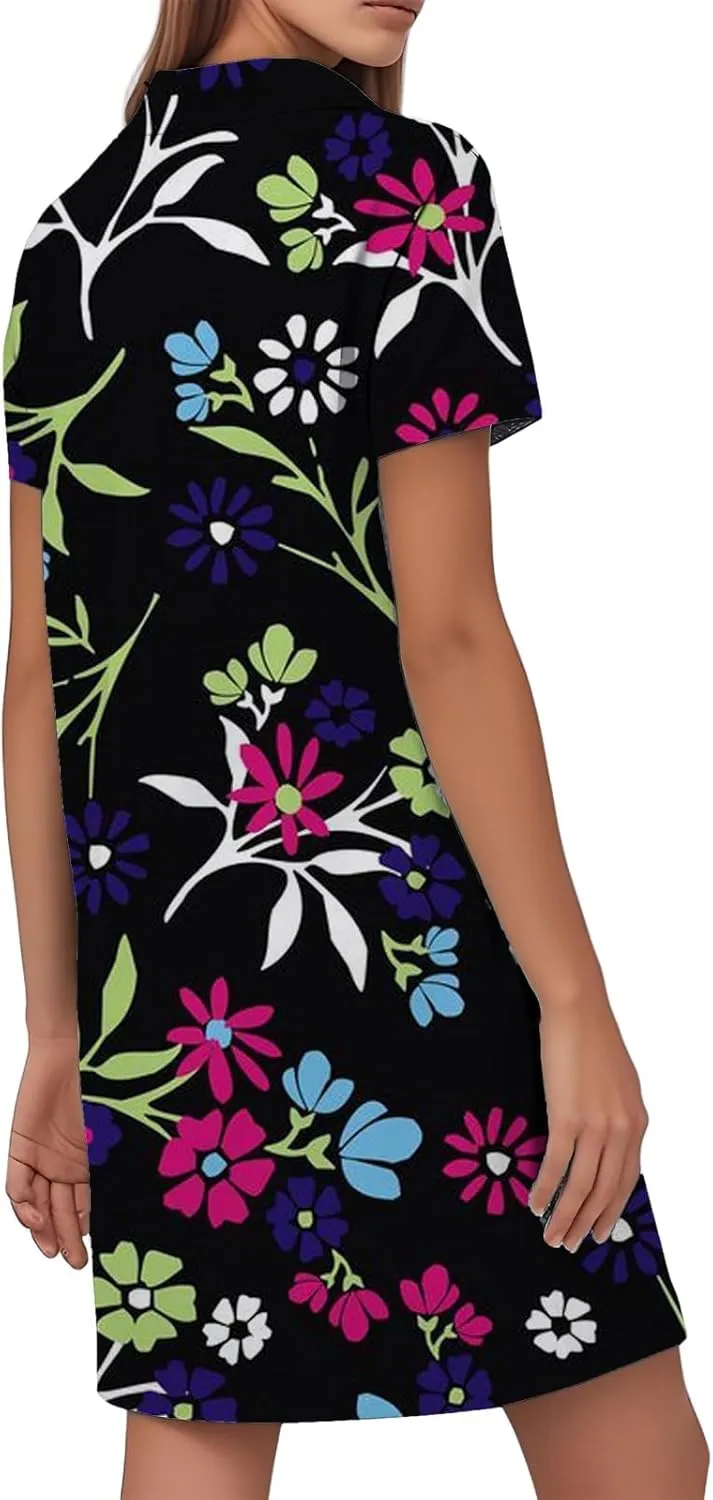 Tshirt Dresses for Women Summer Chic Boho Floral Patterned Dress Short Sleeve Lapel V Neck Flowy Resort Sundress