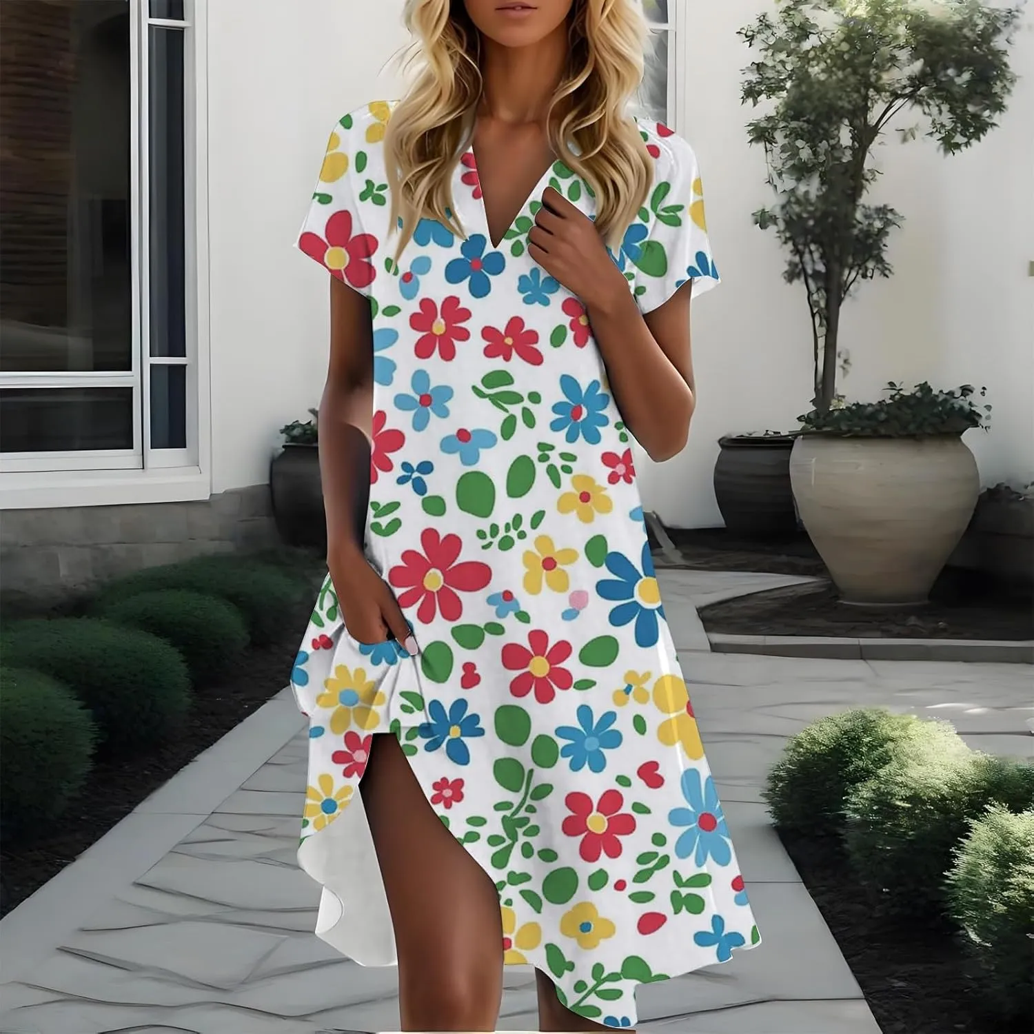 Tshirt Dresses for Women Summer Chic Boho Floral Patterned Dress Short Sleeve Lapel V Neck Flowy Resort Sundress