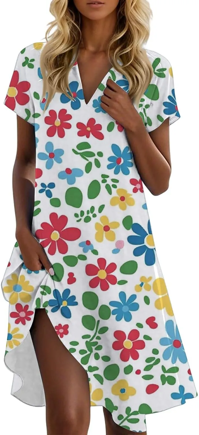 Tshirt Dresses for Women Summer Chic Boho Floral Patterned Dress Short Sleeve Lapel V Neck Flowy Resort Sundress