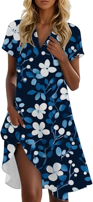 Tshirt Dresses for Women Summer Chic Boho Floral Patterned Dress Short Sleeve Lapel V Neck Flowy Resort Sundress