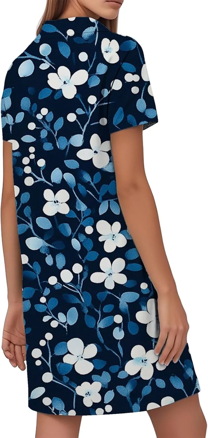 Tshirt Dresses for Women Summer Chic Boho Floral Patterned Dress Short Sleeve Lapel V Neck Flowy Resort Sundress