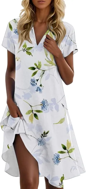 Tshirt Dresses for Women Summer Chic Boho Floral Patterned Dress Short Sleeve Lapel V Neck Flowy Resort Sundress