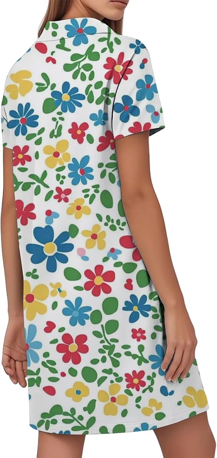 Tshirt Dresses for Women Summer Chic Boho Floral Patterned Dress Short Sleeve Lapel V Neck Flowy Resort Sundress