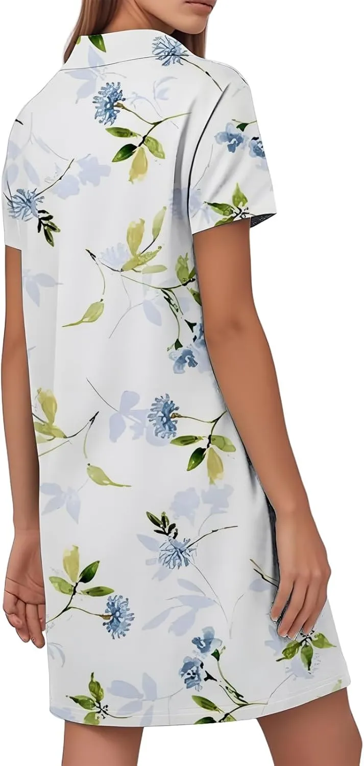 Tshirt Dresses for Women Summer Chic Boho Floral Patterned Dress Short Sleeve Lapel V Neck Flowy Resort Sundress